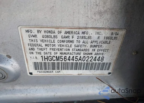 2005 Honda Accord 2.4 Lx z USA, uszkodzony, nr VIN 1HGCM56445A022448